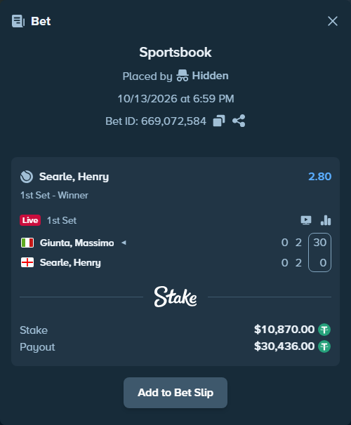 Bet slip: Giunta, Massimo - Searle, Henry, $10,880.87 stake at 2.80 odds, placed by Hidden