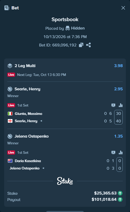 Bet slip: Giunta, Massimo - Searle, Henry, $25,391.00 stake at 2.95 odds, placed by Hidden