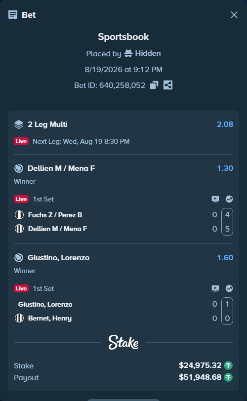 Bet slip: Giustino, Lorenzo - Bernet, Henry, $25,000.30 stake at 1.60 odds, placed by Hidden