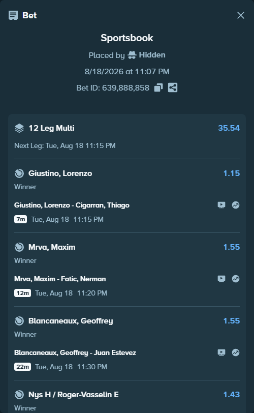Bet slip: Giustino, Lorenzo - Cigarran, Thiago, $15,000.00 stake at 1.15 odds, placed by Hidden
