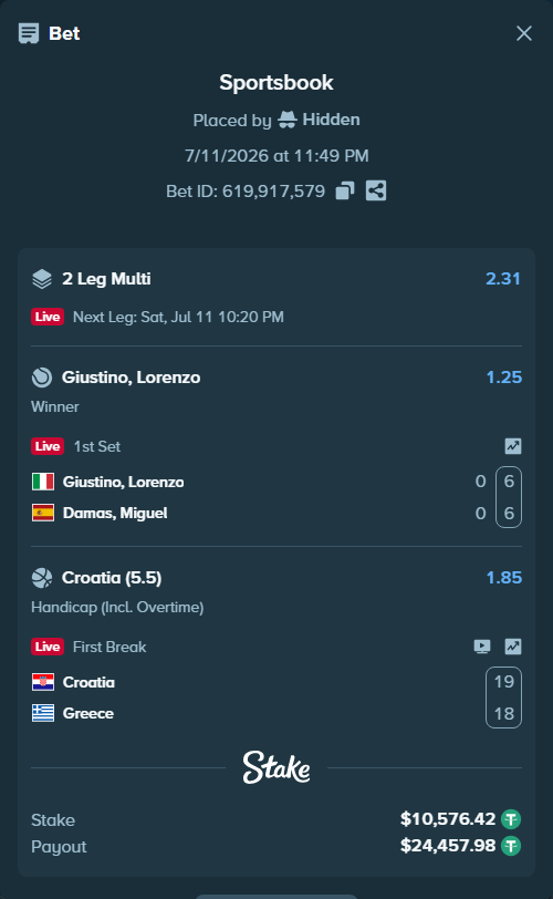 Bet slip: Giustino, Lorenzo - Damas, Miguel, $10,587.00 stake at 1.25 odds, placed by Hidden