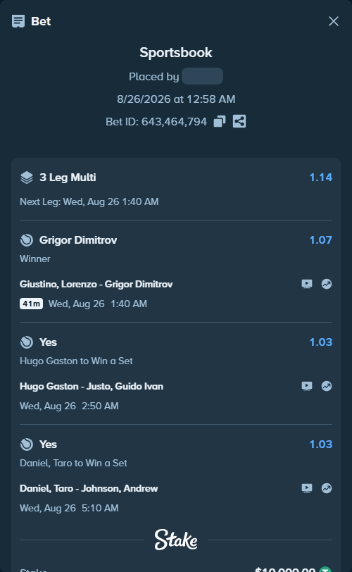Bet slip: Giustino, Lorenzo - Grigor Dimitrov, $10,000.00 stake at 1.07 odds, placed by PimpoTheGreat