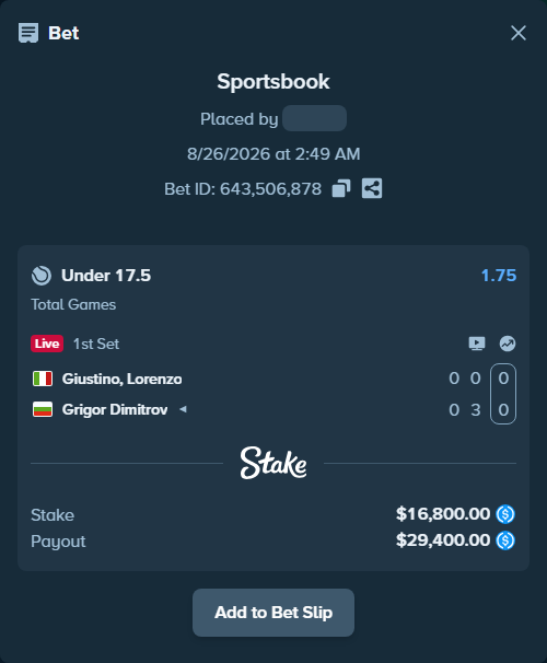 Bet slip: Giustino, Lorenzo - Grigor Dimitrov, $16,800.00 stake at 1.75 odds, placed by privetmedvet15