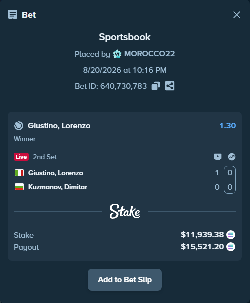 Bet slip: Giustino, Lorenzo - Kuzmanov, Dimitar, $12,024.69 stake at 1.30 odds, placed by MOROCCO22