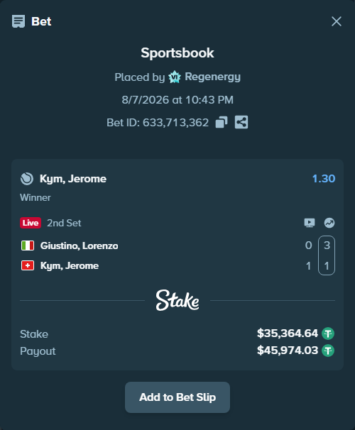 Bet slip: Giustino, Lorenzo - Kym, Jerome, $35,400.00 stake at 1.30 odds, placed by Regenergy