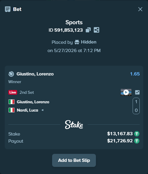 Bet slip: Giustino, Lorenzo - Nardi, Luca, $13,181.00 stake at 1.65 odds, placed by Hidden
