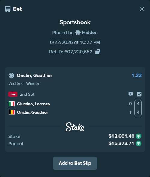 Bet slip: Giustino, Lorenzo - Onclin, Gauthier, $12,614.00 stake at 1.22 odds, placed by Hidden
