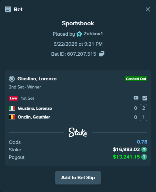 Bet slip: Giustino, Lorenzo - Onclin, Gauthier, $17,000.00 stake at 4.35 odds, placed by Zubkov1