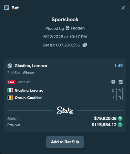 Bet slip: Giustino, Lorenzo - Onclin, Gauthier, $80,000.00 stake at 1.45 odds, placed by Hidden