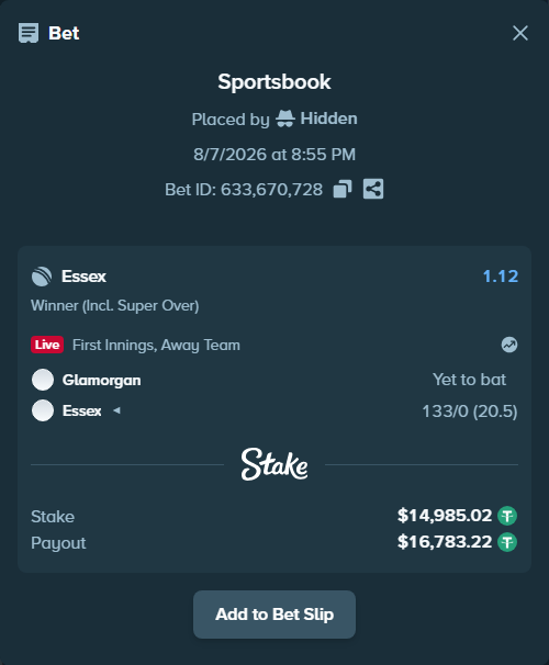 Bet slip: Glamorgan - Essex, $15,000.00 stake at 1.12 odds, placed by Raja6457