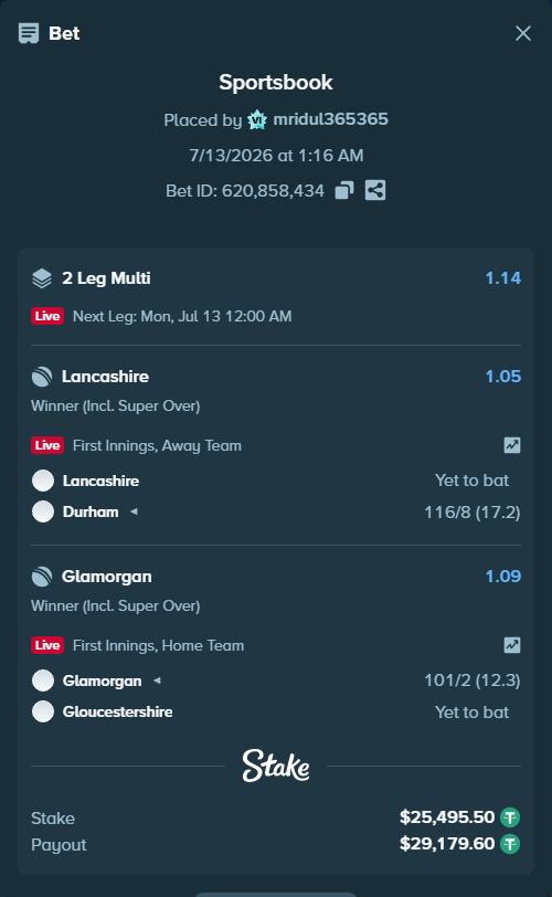 Bet slip: Glamorgan - Gloucestershire, $25,521.00 stake at 1.09 odds, placed by mridul365365