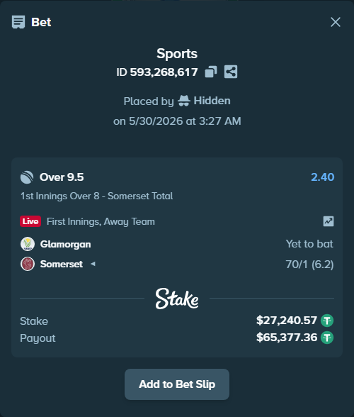 Bet slip: Glamorgan - Somerset, $27,267.81 stake at 2.40 odds, placed by Hidden