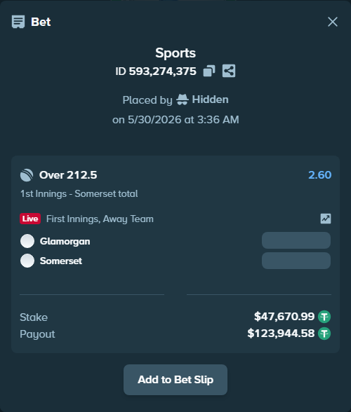 Bet slip: Glamorgan - Somerset, $47,718.66 stake at 2.60 odds, placed by Hidden