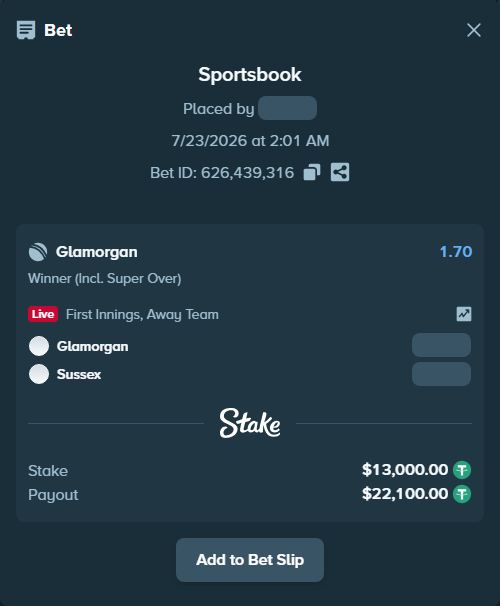 Bet slip: Glamorgan - Sussex, $13,000.00 stake at 1.70 odds, placed by Asmatrk1054