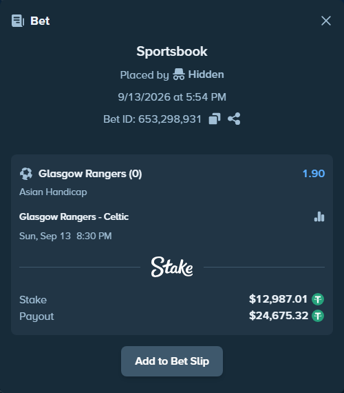 Bet slip: Glasgow Rangers - Celtic, $13,000.00 stake at 1.90 odds, placed by Hidden