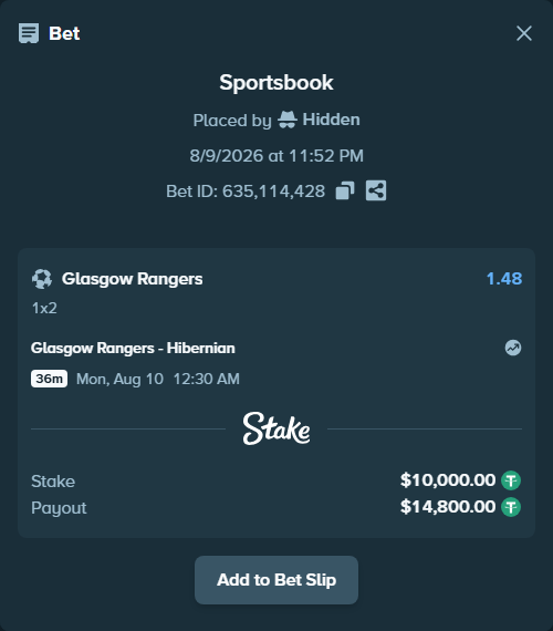 Bet slip: Glasgow Rangers - Hibernian, $10,010.00 stake at 1.48 odds, placed by Hidden