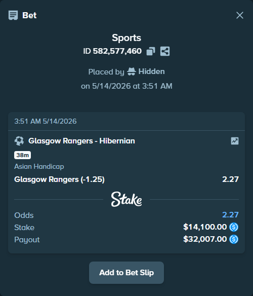 Bet slip: Glasgow Rangers - Hibernian, $14,100.00 stake at 2.27 odds, placed by Hidden
