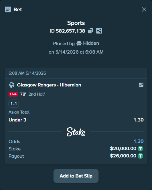 Bet slip: Glasgow Rangers - Hibernian, $20,000.00 stake at 1.30 odds, placed by Hidden