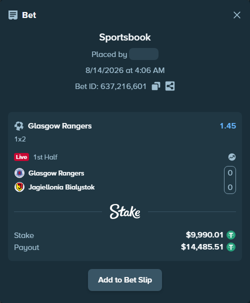 Bet slip: Glasgow Rangers - Jagiellonia Bialystok, $10,000.00 stake at 1.45 odds, placed by urbanek99