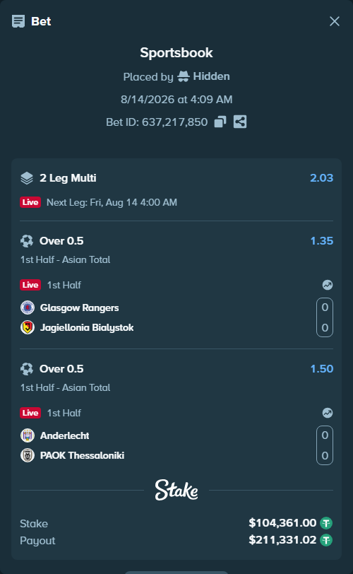 Bet slip: Glasgow Rangers - Jagiellonia Bialystok, $104,465.36 stake at 1.35 odds, placed by Hidden