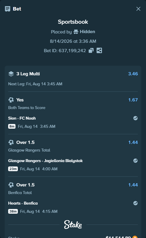 Bet slip: Glasgow Rangers - Jagiellonia Bialystok, $11,576.12 stake at 1.44 odds, placed by Hidden