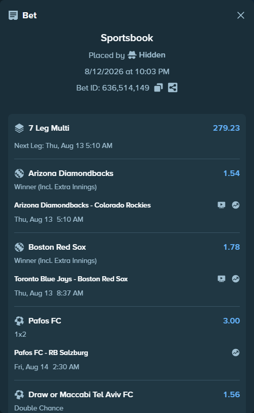 Bet slip: Glasgow Rangers - Jagiellonia Bialystok, $23,000.00 stake at 1.58 odds, placed by Hidden