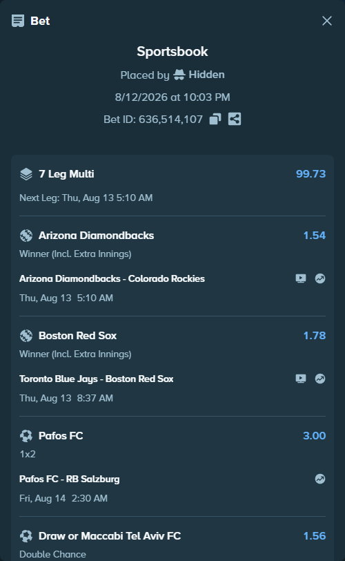 Bet slip: Glasgow Rangers - Jagiellonia Bialystok, $27,000.00 stake at 1.58 odds, placed by Hidden