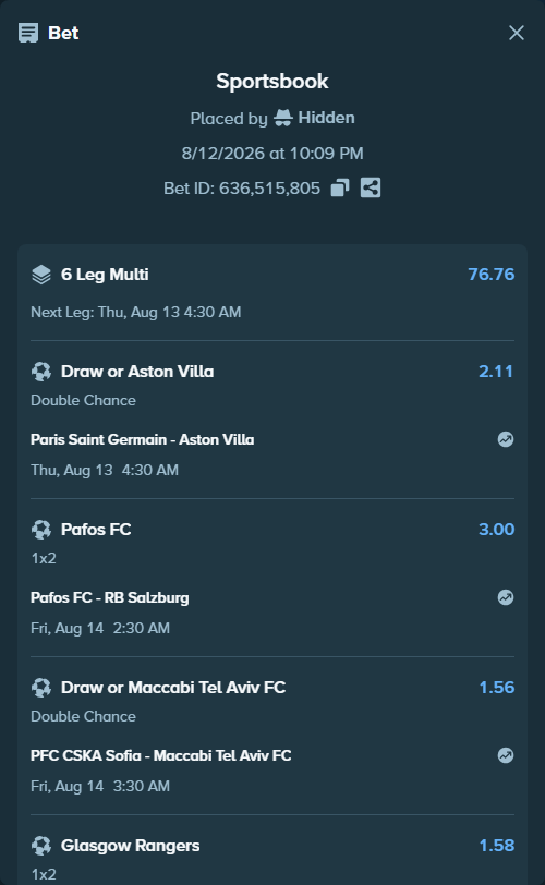 Bet slip: Glasgow Rangers - Jagiellonia Bialystok, $30,000.00 stake at 1.58 odds, placed by Hidden