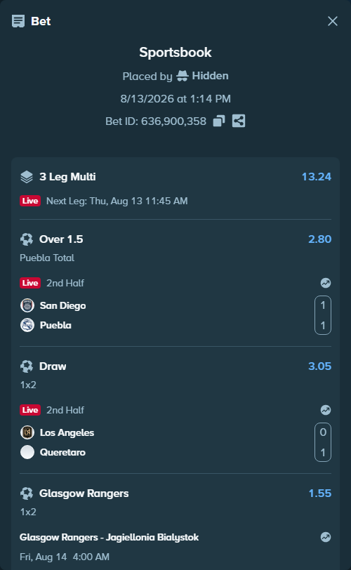 Bet slip: Glasgow Rangers - Jagiellonia Bialystok, $50,456.64 stake at 1.55 odds, placed by Hidden