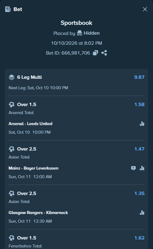 Bet slip: Glasgow Rangers - Kilmarnock, $291,924.41 stake at 1.35 odds, placed by Hidden