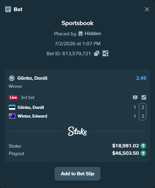 Bet slip: Glinka, Daniil - Winter, Edward, $19,000.00 stake at 2.45 odds, placed by Hidden