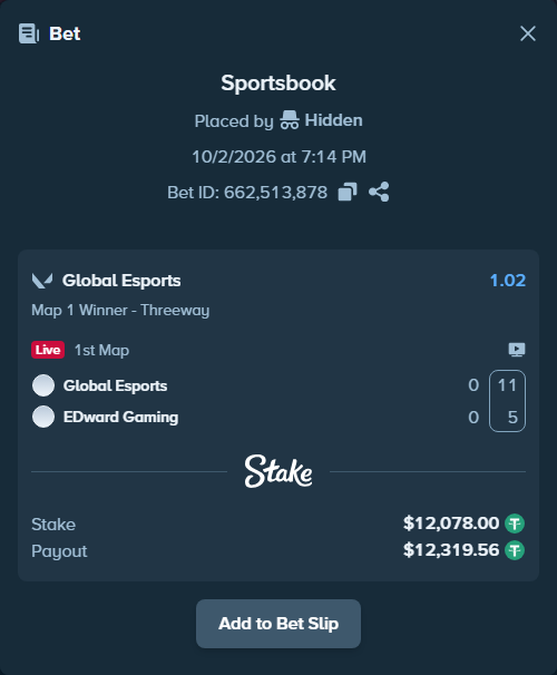 Bet slip: Global Esports - EDward Gaming, $12,078.00 stake at 1.02 odds, placed by 진라면먹고싶다