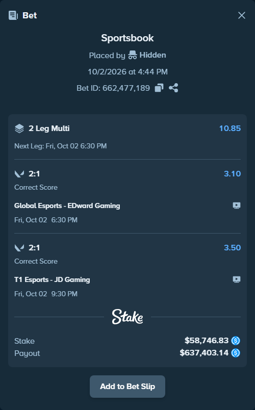 Bet slip: Global Esports - EDward Gaming, $58,746.83 stake at 3.10 odds, placed by Hidden