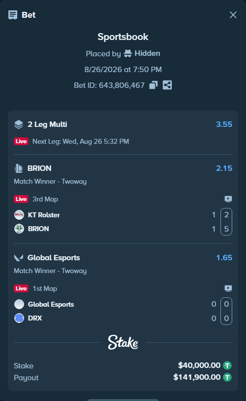 Bet slip: Global Esports - Kiwoom DRX, $40,000.00 stake at 1.65 odds, placed by Hidden