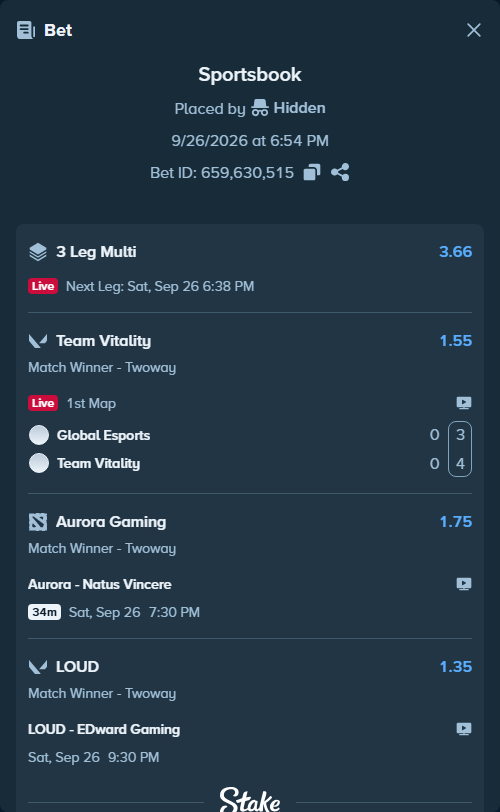 Bet slip: Global Esports - Team Vitality, $42,946.00 stake at 1.55 odds, placed by Hidden