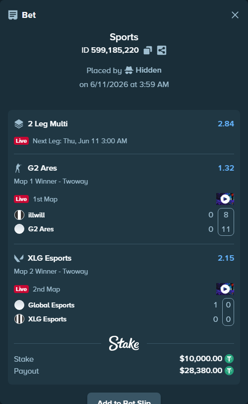Bet slip: Global Esports - XLG Esports, $10,010.00 stake at 2.15 odds, placed by Hidden