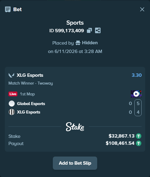 Bet slip: Global Esports - XLG Esports, $32,900.00 stake at 3.30 odds, placed by Hidden