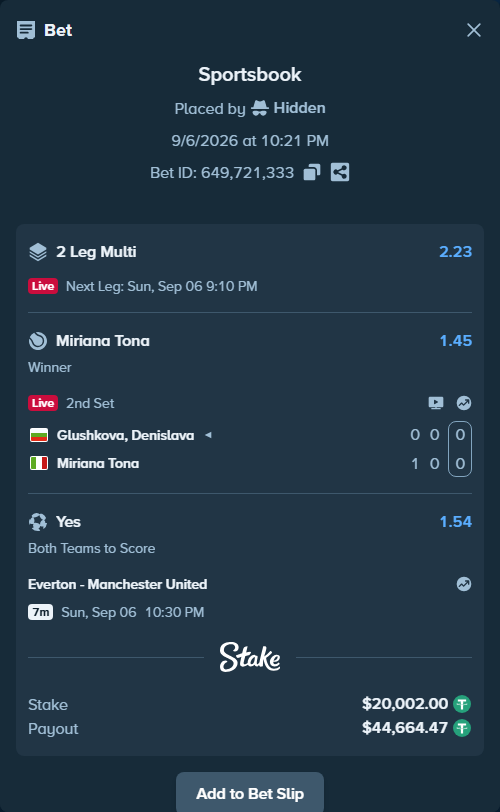 Bet slip: Glushkova, Denislava - Miriana Tona, $20,000.00 stake at 1.45 odds, placed by Hidden