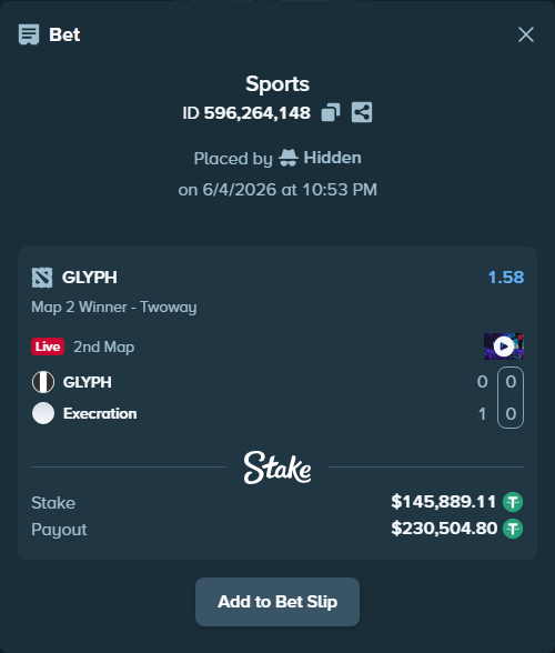 Bet slip: GLYPH - Execration, $146,035.00 stake at 1.58 odds, placed by Hidden