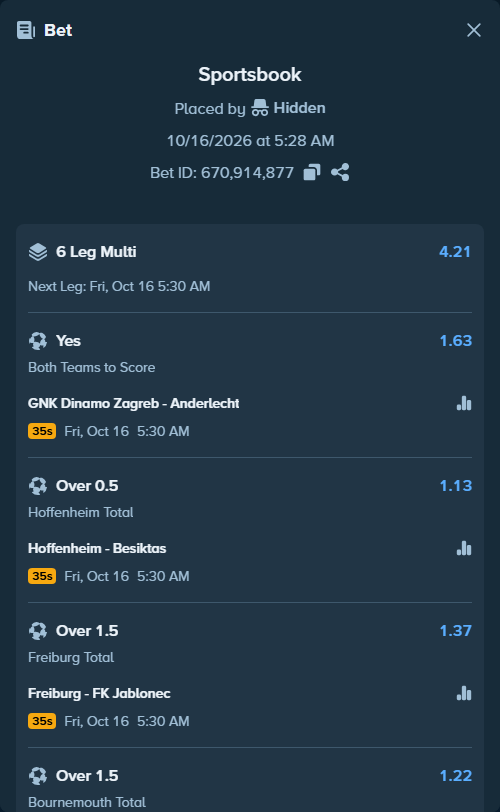 Bet slip: GNK Dinamo Zagreb - Anderlecht, $10,060.05 stake at 1.63 odds, placed by Hidden
