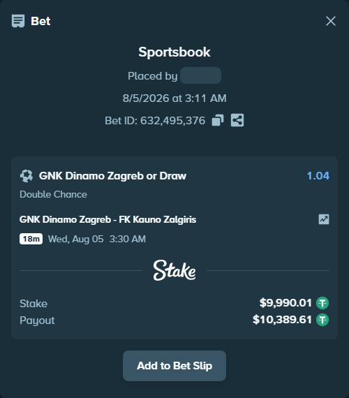 Bet slip: GNK Dinamo Zagreb - FK Kauno Zalgiris, $10,000.00 stake at 1.04 odds, placed by criscas85