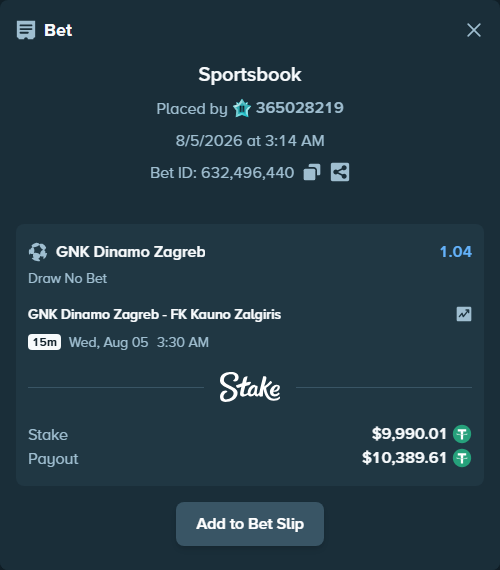 Bet slip: GNK Dinamo Zagreb - FK Kauno Zalgiris, $10,000.00 stake at 1.04 odds, placed by 365028219