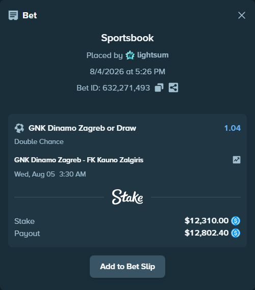 Bet slip: GNK Dinamo Zagreb - FK Kauno Zalgiris, $12,310.00 stake at 1.04 odds, placed by lightsum