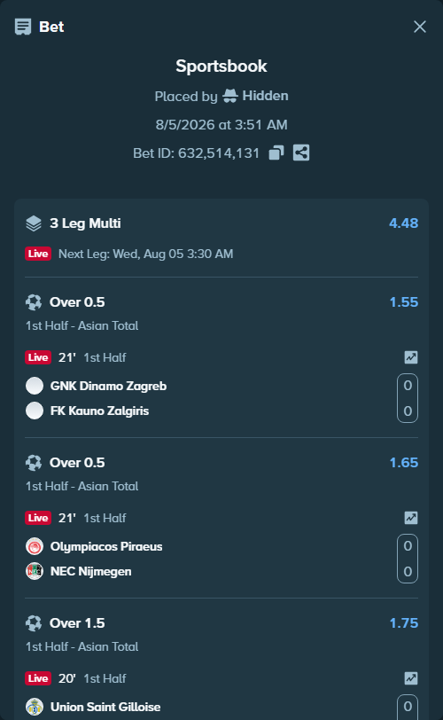 Bet slip: GNK Dinamo Zagreb - FK Kauno Zalgiris, $34,598.51 stake at 1.55 odds, placed by Hidden