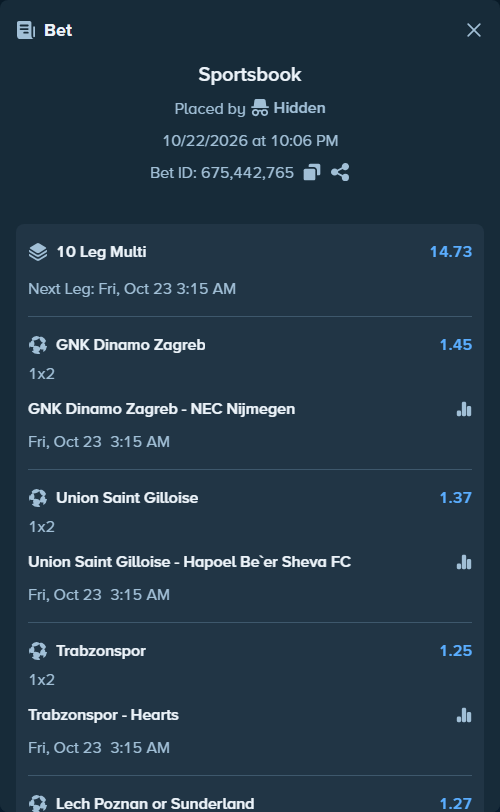 Bet slip: GNK Dinamo Zagreb - NEC Nijmegen, $10,010.00 stake at 1.45 odds, placed by TonyJaaVIP