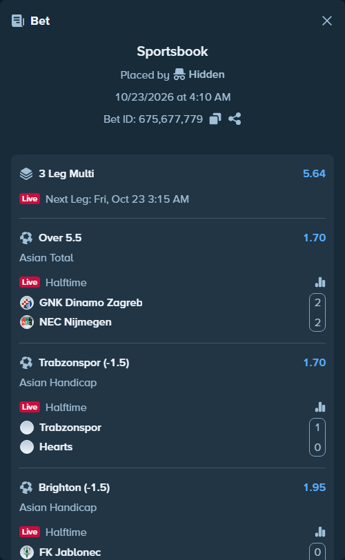 Bet slip: GNK Dinamo Zagreb - NEC Nijmegen, $15,015.00 stake at 1.70 odds, placed by Hidden