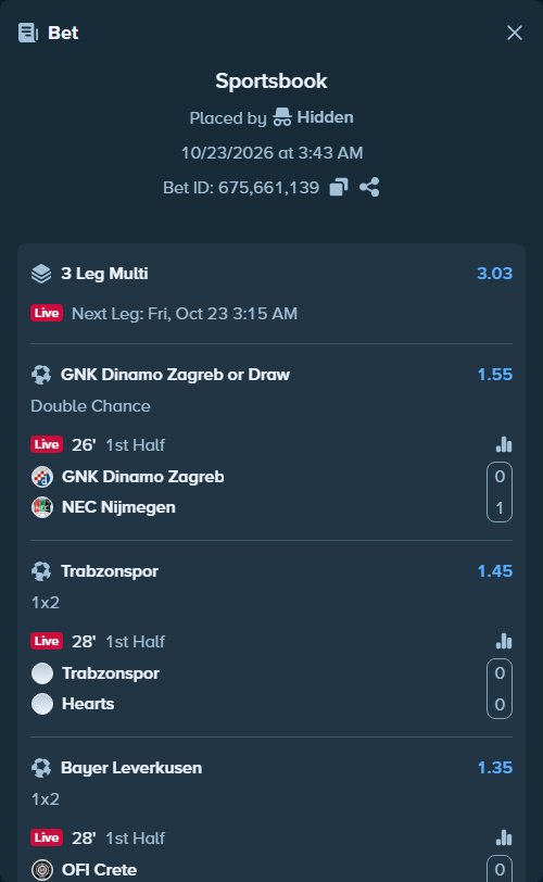 Bet slip: GNK Dinamo Zagreb - NEC Nijmegen, $20,000.00 stake at 1.55 odds, placed by Hidden