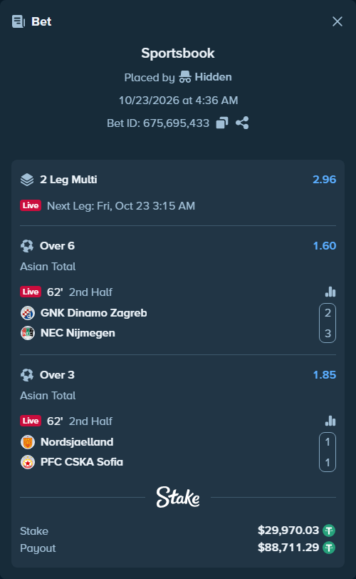 Bet slip: GNK Dinamo Zagreb - NEC Nijmegen, $30,000.00 stake at 1.60 odds, placed by tlwns4736