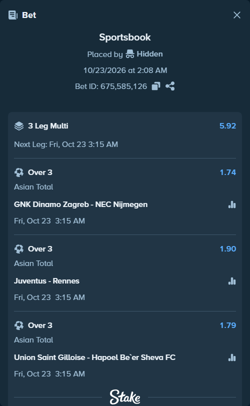 Bet slip: GNK Dinamo Zagreb - NEC Nijmegen, $50,000.00 stake at 1.74 odds, placed by Hidden
