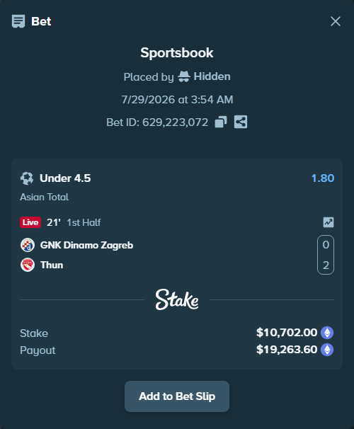 Bet slip: GNK Dinamo Zagreb - Thun, $10,677.02 stake at 1.80 odds, placed by Hidden